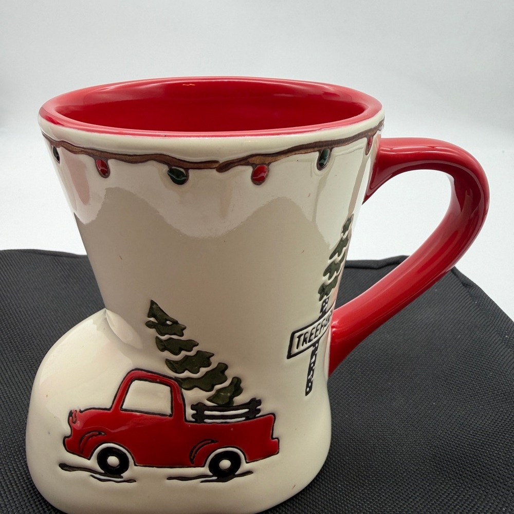 Potter's Studio Red Truck w Christmas Trees Boot-shaped Coffee Mug Holiday 12 oz